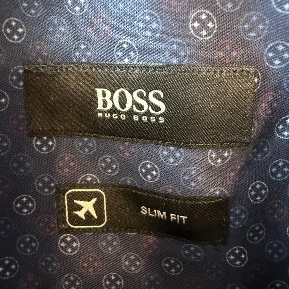HUGO BOSS Slim Fit Navy Geometric Print Dress Shirt Mens Size 16 (Medium) - Picture 5 of 10